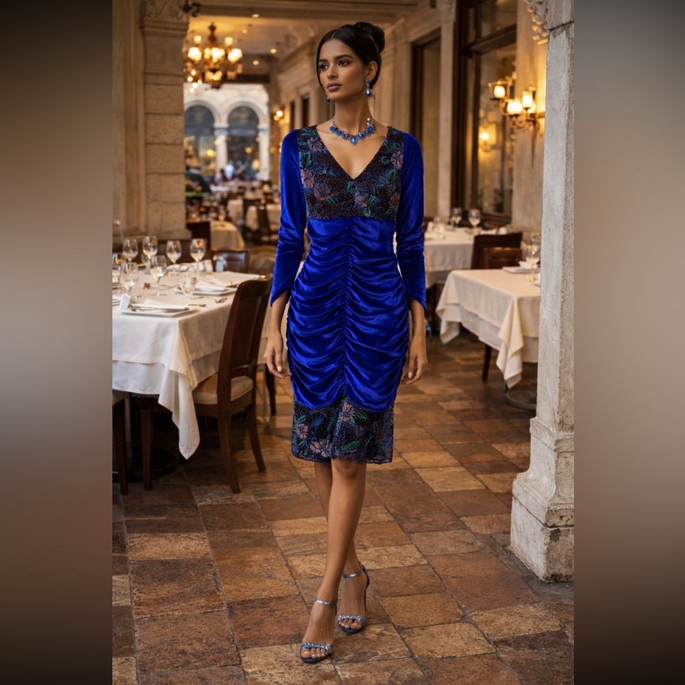 Vintage Velvet Handcrafted in Philippines 🇵🇭 Elegant Beaded Ruched Dress size S.